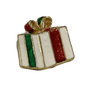 Vintage Christmas holiday brooch festive wrapped gift motif enamel on goldtone